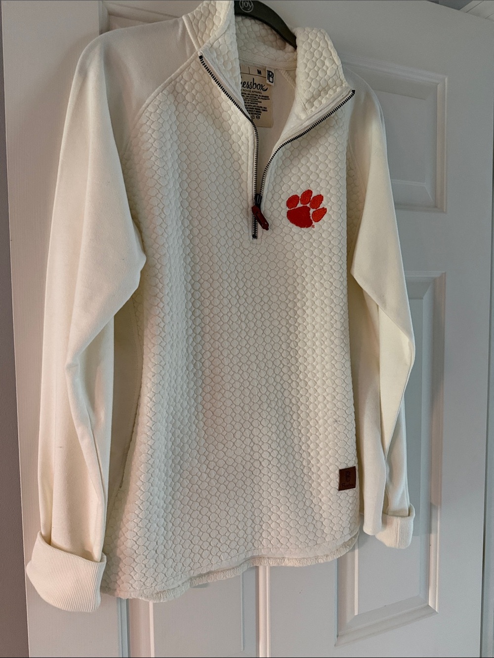Pressbox White Textured Half-Zip Pullover with Orange Paw
